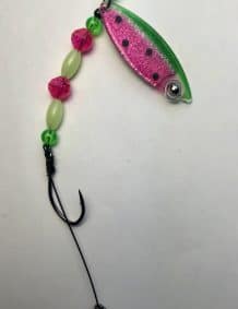 Watermelon glow fishing lure with wire harness and gold backing for premium fishing tackle.