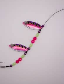 Pink Frog Glow Double Blade Wire Harness for fishing lures and tackle.
