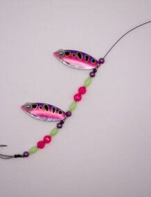 Pink Frog Glow Double Blade Wire Harness for fishing lures and tackle.