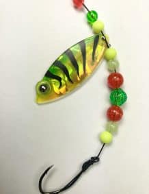 Bright yellow and black striped fishing lure with colorful beads for freshwater fishing.