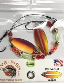 Sunset copper fishing lure with glow beads, ideal for attracting fish in freshwater and saltwater fi.