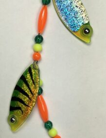 Beaded fishing lure with colorful fish design and shiny blade for freshwater or saltwater fishing.