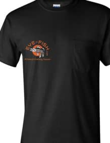 Black T-shirt with Eye-Fish logo for fishing enthusiasts.