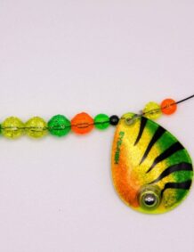 Brightly colored fishing lure with beads and fish-shaped pendant for freshwater and saltwater fishin.