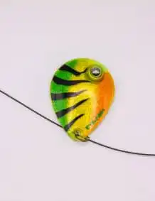 Colorful fishing lure with green, black, and orange patterns for freshwater fishing.