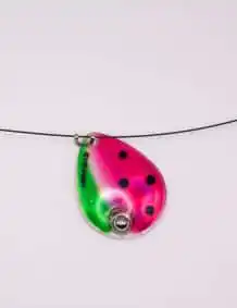Colorful fishing lure with pink, green, and black spots for freshwater and saltwater fishing.