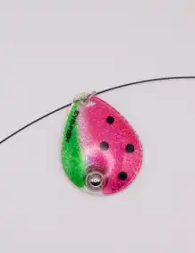 Fishing lure with pink and green colors, designed for freshwater fishing.