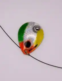 Colorful fishing lure with holographic finish and hook for freshwater fishing.