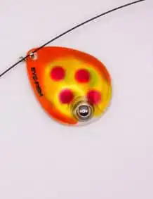 Bright orange and yellow fishing lure with red dots, ideal for attracting fish.