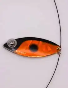 Fishing lure with orange and black design for premium fishing tackle.