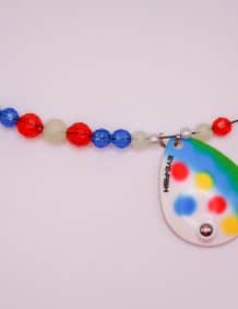 Colorful fishing tackle bead and lure necklace for fishing enthusiasts.